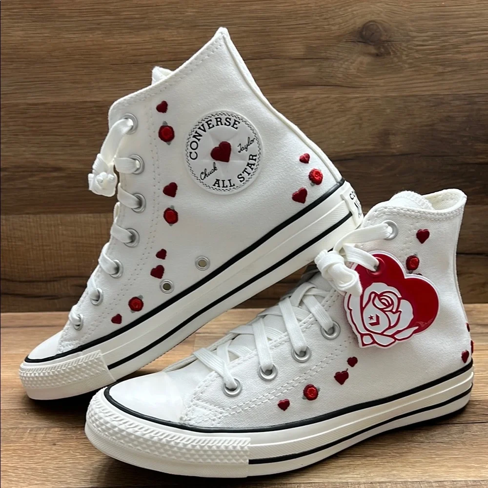 Converse White High-Tops with Red Heart Details